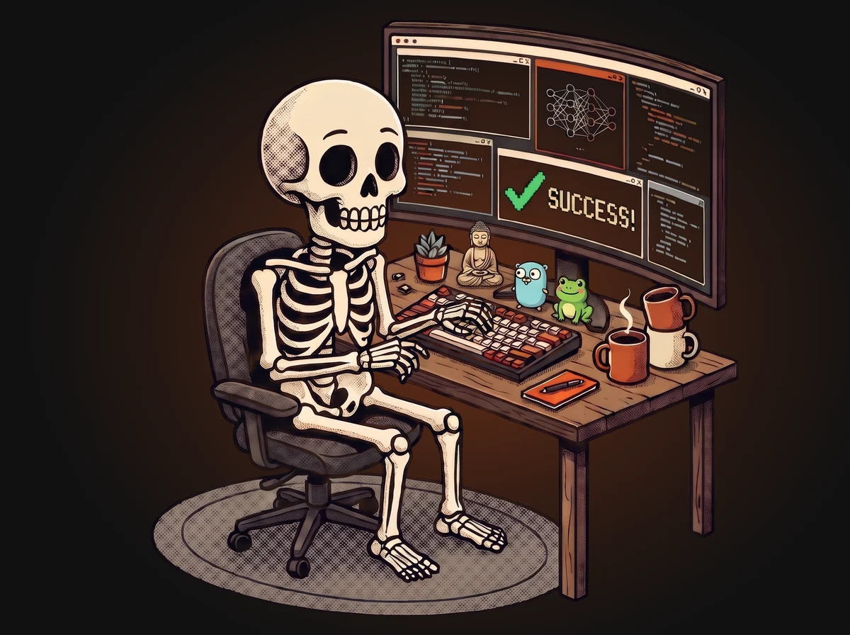 A cartoon skeleton coding at a desk with a wall of terminals reading SUCCESS, a little Buddha, a Go gopher, a frog and too many cups of coffee