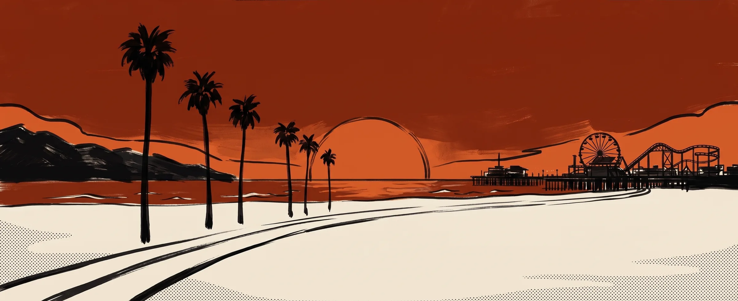 Illustrated Santa Monica coastline at dusk with palm trees and the pier