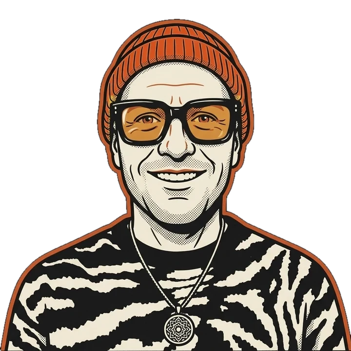 Illustrated portrait of Steve Rude in an orange beanie, amber glasses, a zebra-stripe sweater and a mandala pendant